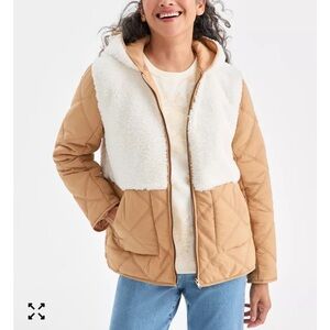 Style & Co. Quilted Tan Jacket with White Faux-Sherpa Hood Panel